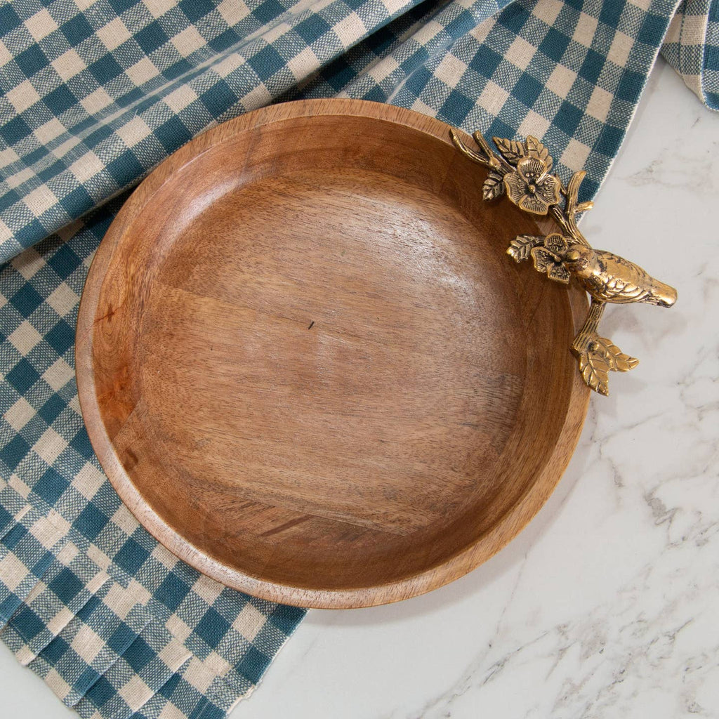 wooden bowl with brass bird