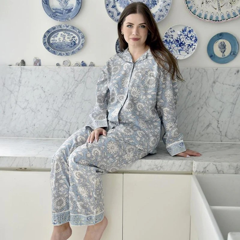 long sleeve pajama set - cornflower blue floral