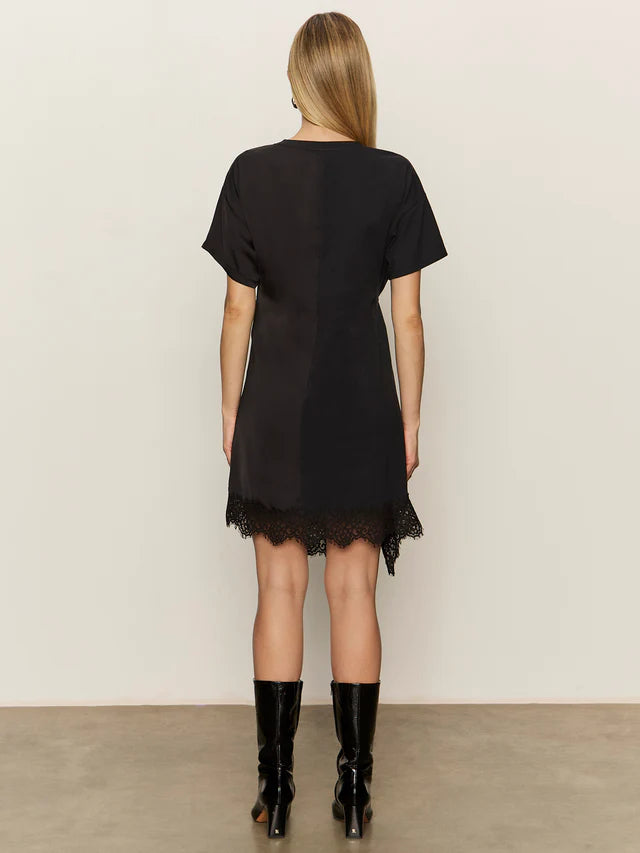 satin mix tee shirt dress in black