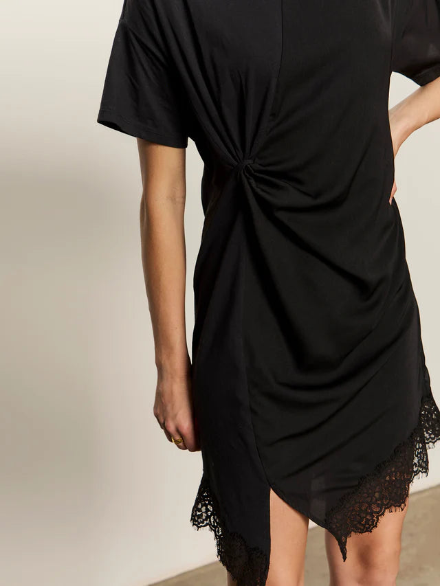 satin mix tee shirt dress in black
