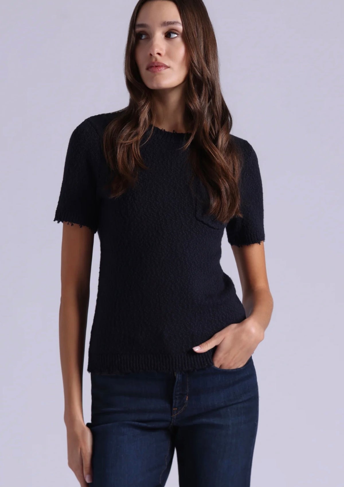 frayed crew neck pocket tee in navy