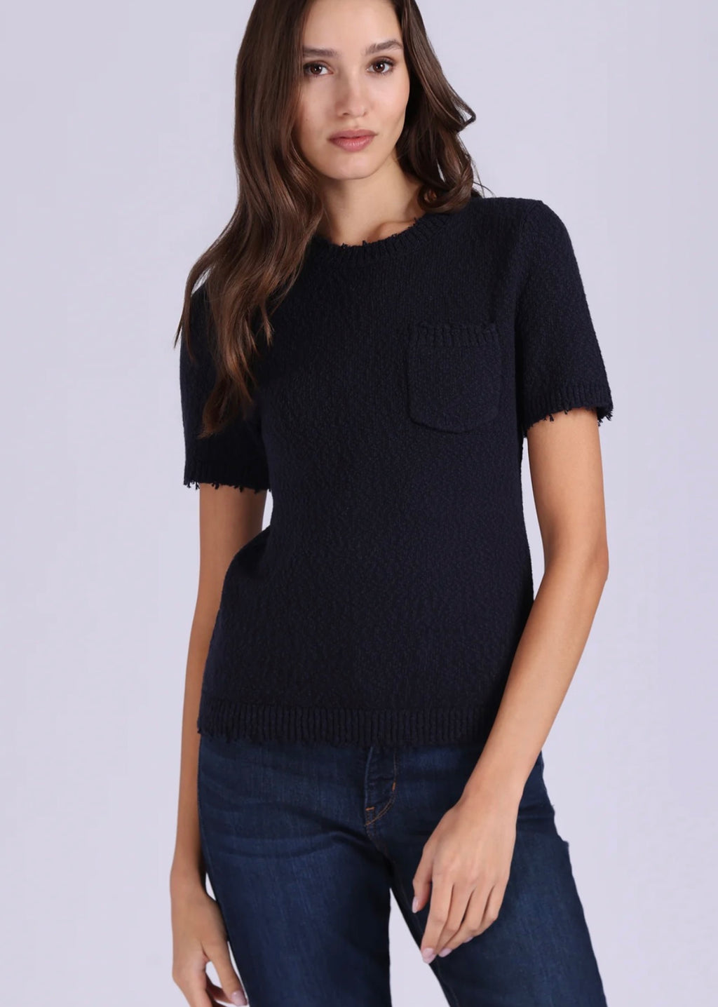 frayed crew neck pocket tee in navy