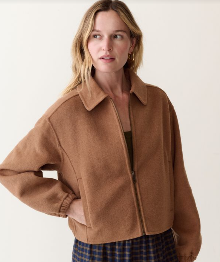 zip up wool jacket in camel