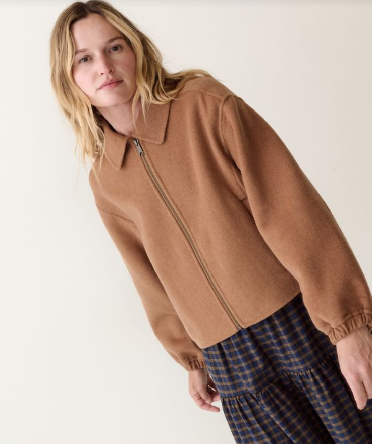 zip up wool jacket in camel