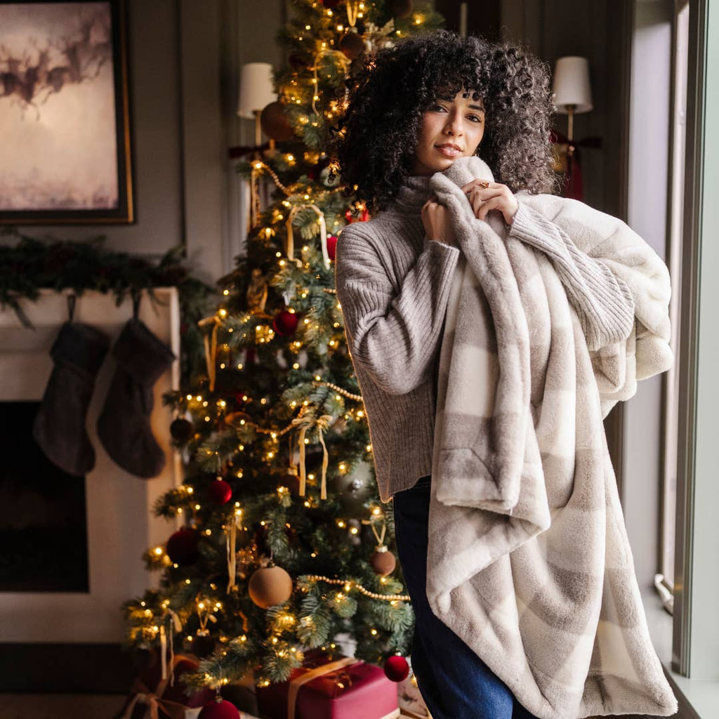 holiday printed faux fur throw - taupe