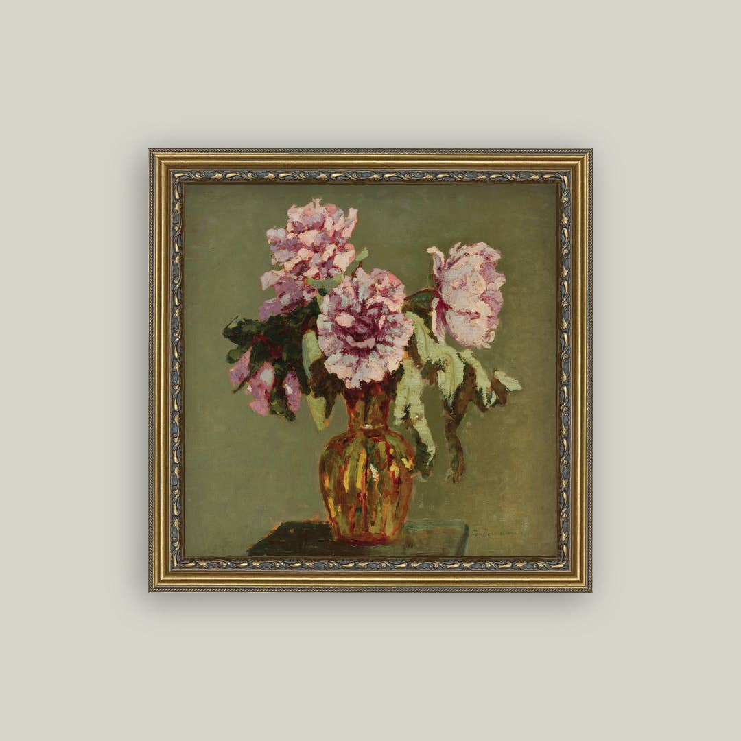peonies in small yellow vase