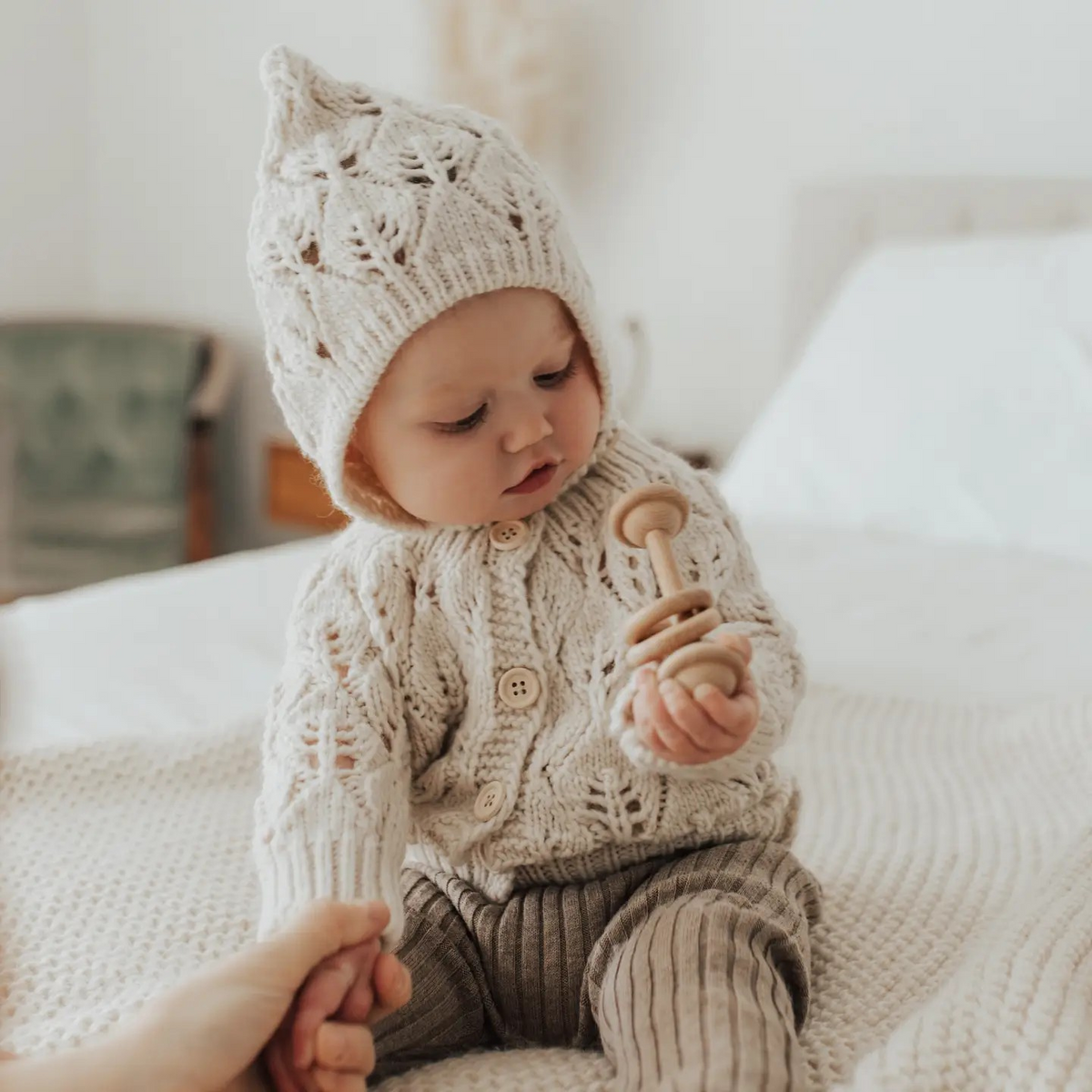 leaf lace baby cardigan in natural