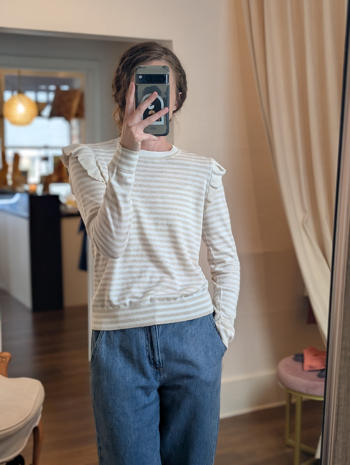 supima cotton cashmere striped crew with ruffle