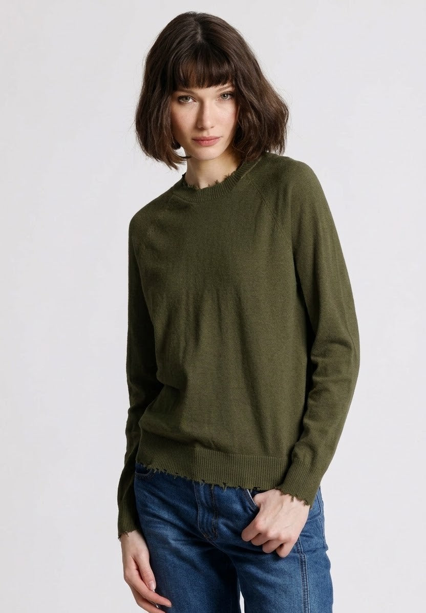cotton cashmere frayed edge crew in army