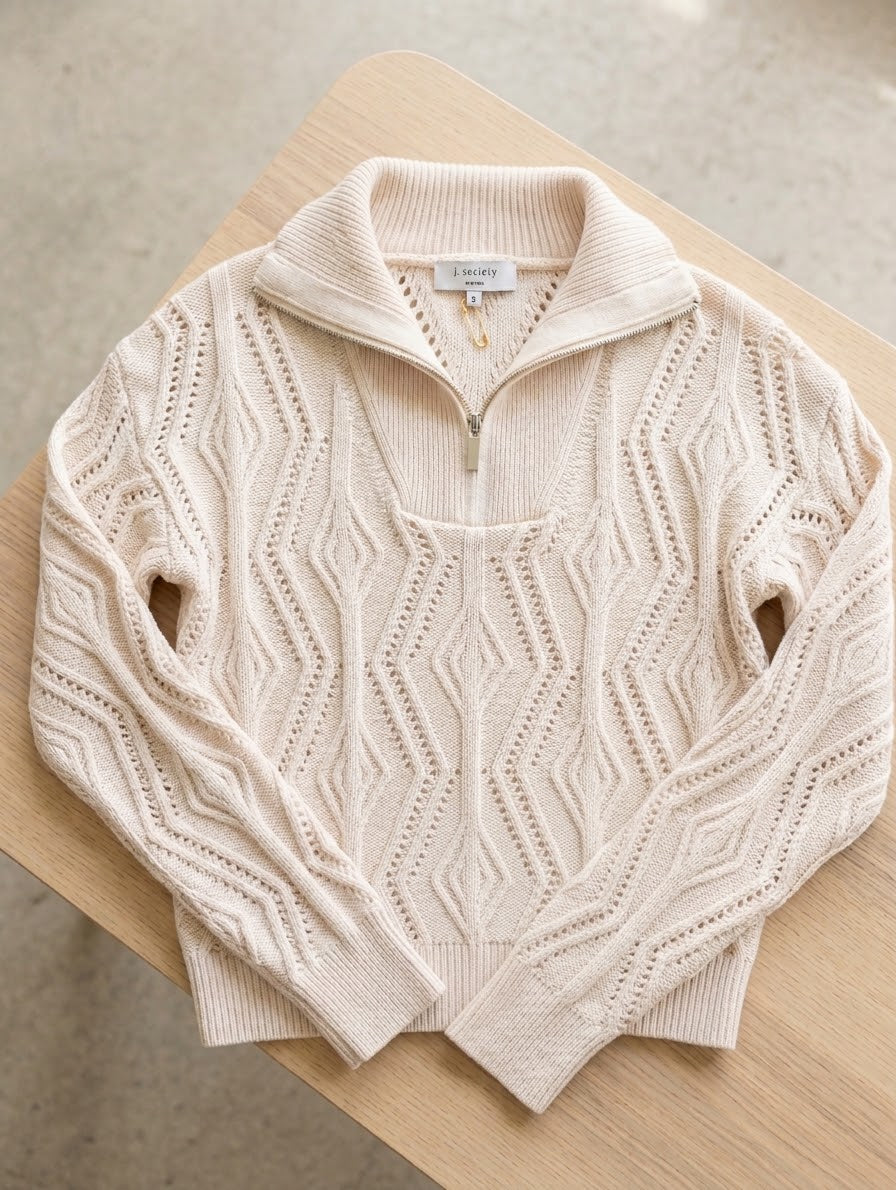 pointelle quarter zip in oatmeal