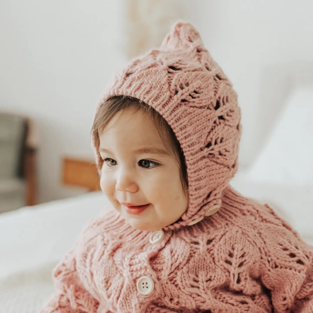 leaf lace baby bonnet - rosy pink